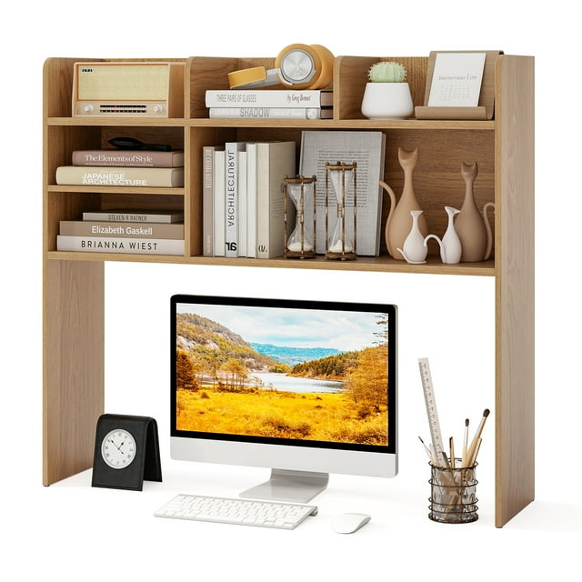 Giantex Desktop Bookshelf, Desk Hutch Shelf for Computer Monitor, 3-Tier Display Storage Rack, Natural