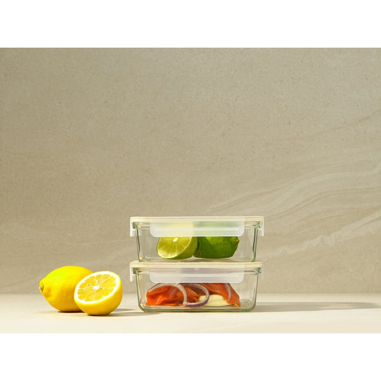 Glasslock Sens 3 Cup Rectangle Glass Food Storage Containers with Lids, Set of 2, Clear