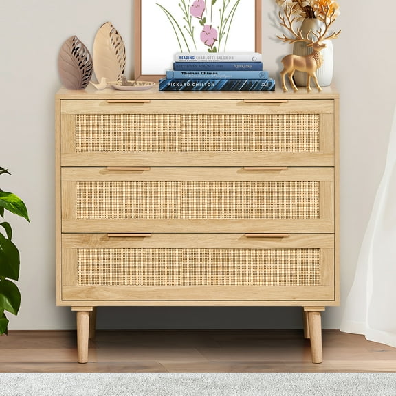 KFFKFF 3-Drawer Rattan Chest, Wood & Natural Rattan, Contemporary Clothes & Storage Solution with Durable Handles & Legs, Ideal for Bedrooms, Living Spaces & Hallways