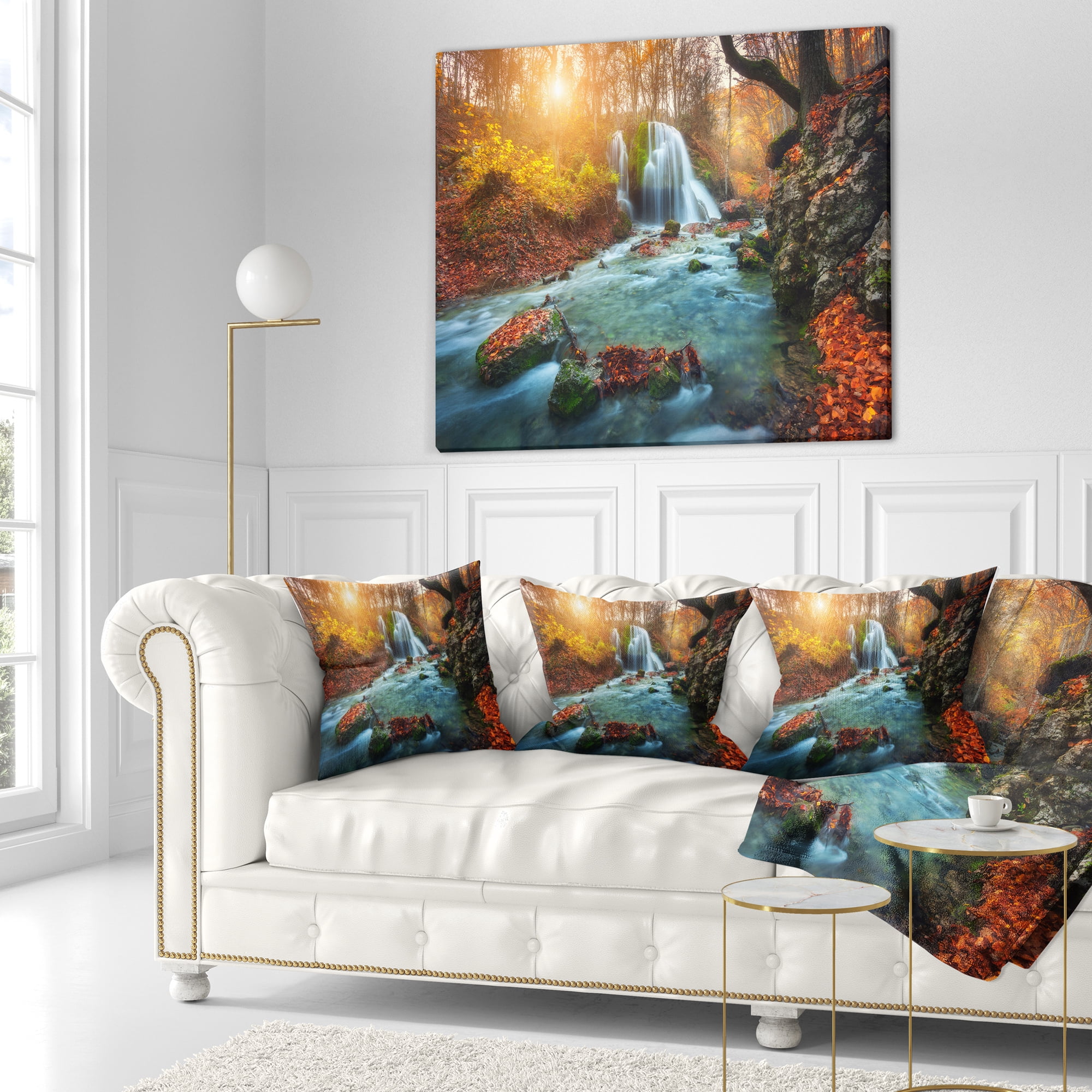 Designart Fast Flowing Fall River in Forest - Landscape Photography Throw Pillow - 18x18