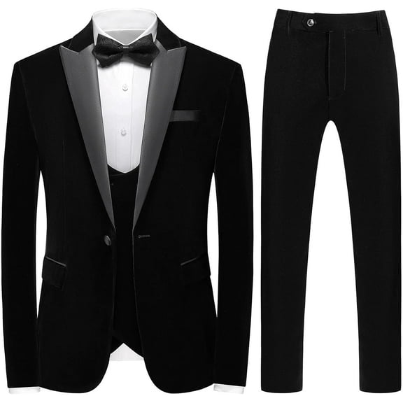 Wehilion 3pcs Mens Velvet Suits Slim Fit Peaked Lapel One Button Slim Fit Tuxedo Blazer Dinner Jacket Vest Pants Suit Set