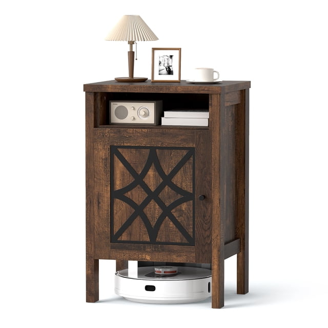 Gymax Robot Vacuum Stand Cabinet w/ Door & Open Shelf for Home Office Living Room Dark Brown