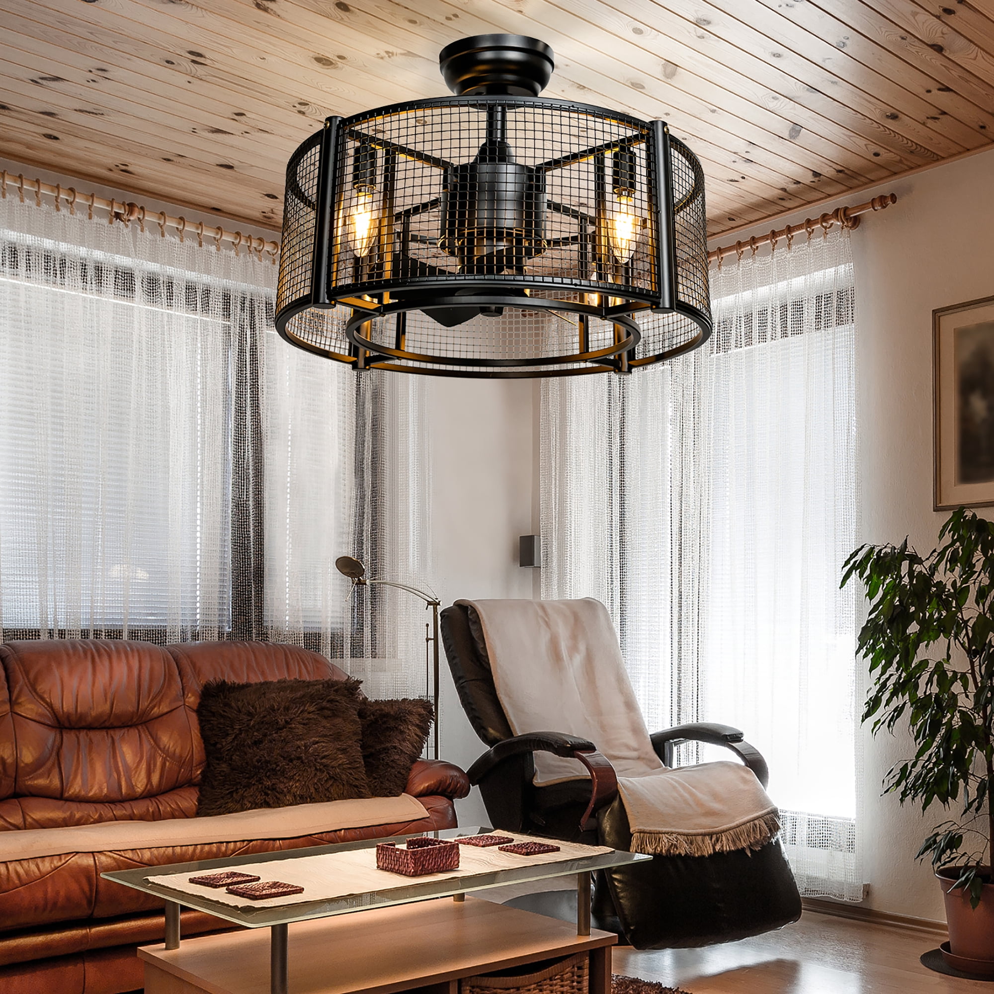20'' Caged Bladeless Ceiling Fan with Light Reversible Motor & Remote Control