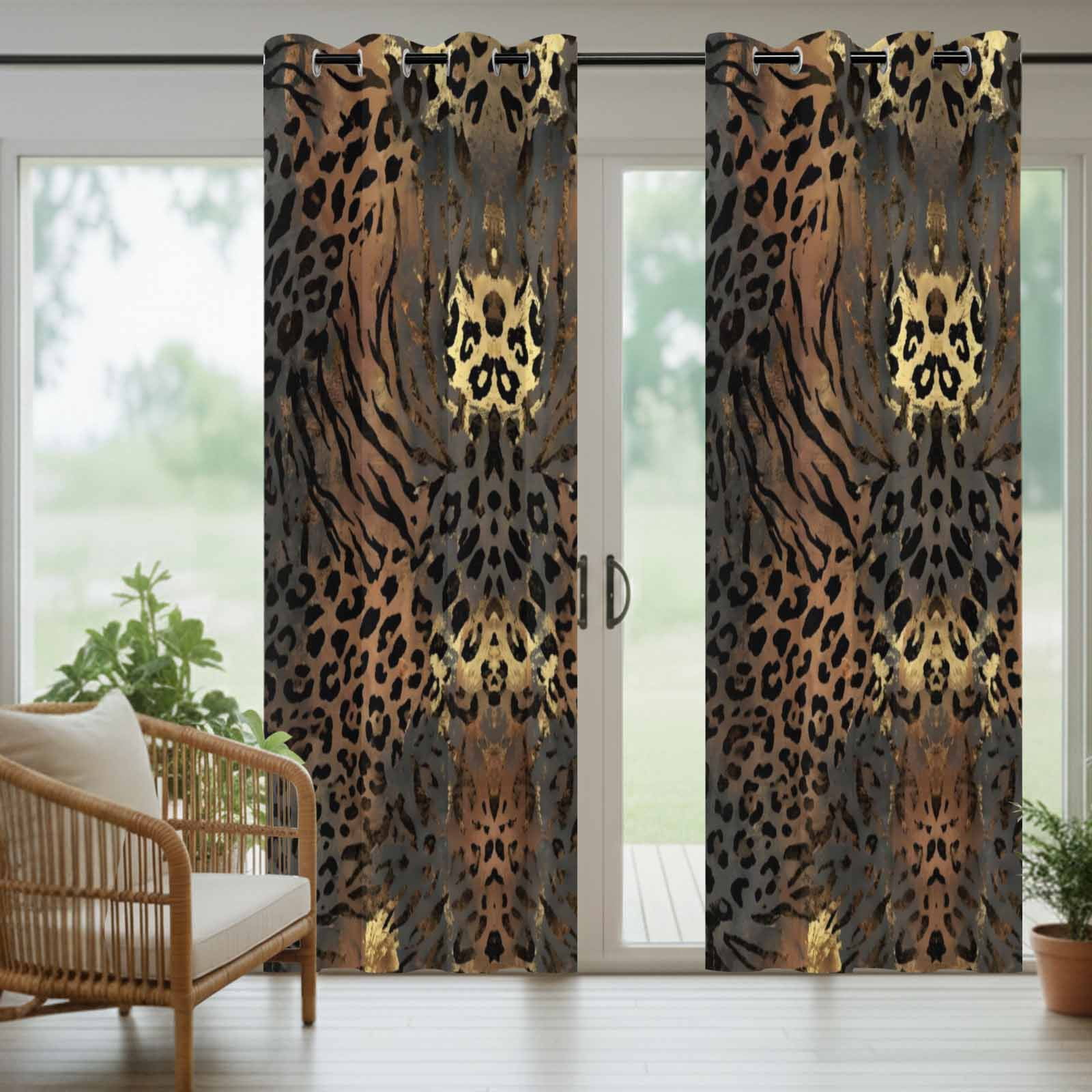 Leopard Print Outdoor Curtains for Patio, Ethnic Style Gold Black Gradient Fur Texture Sunshade Privacy Drapes Grommet Waterproof Outside Curtains for Porch/Cabana/Balcony 54"x 108", 1 Panel