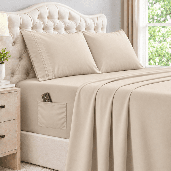 Naiade King Sheet Set 4 Piece, Soft Microfiber Bed Sheets with Side Storage Pocket, 15" Deep Pocket Fitted Sheet, Embroidered Pillowcase, Khaki