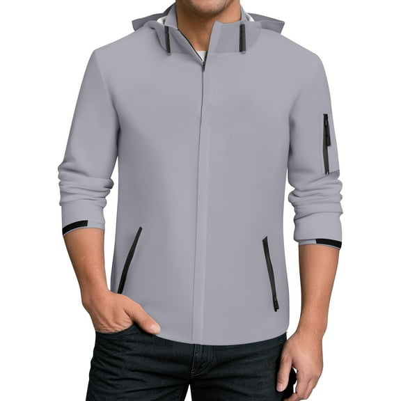 Evdexr Waterproof Rain Jacket Men Big and Tall Zip Up Jacket Long Sleeve Drawstring Work Fall Hoodie Hooded Adjustable Plus Size Raincoat Gray 3XL