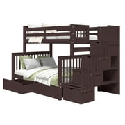 Bedz King Stairway Bunk Beds Twin over Full with 4 Drawers in the Steps and 2 Under Bed Drawers, Dark Cherry
