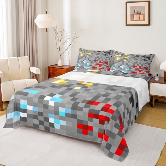 Homewish Pixelate Miner Chid Twin Sheet Sets, Cartoon Square Rectangle Twin Fitted Sheet, Vintage Game Lover Flat Sheet, Breathable Home Decor, 3pcs