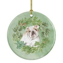 Bulldog Fawn Head Tilt Christmas Wreath Ceramic Ornament 2.8 in x 2.8 in