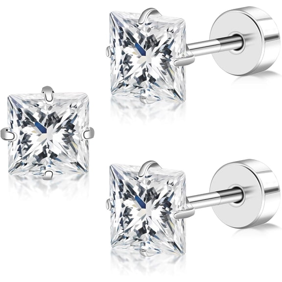 SUETOR Flat Back Titanium Stud Earrings, Cubic Zirconia Star/Heart/Square Hypoallergenic Earrings, 4mm/5mm Screw Back Earrings for Sensitive Ears, Comfortable Daily Wear Gift for Her