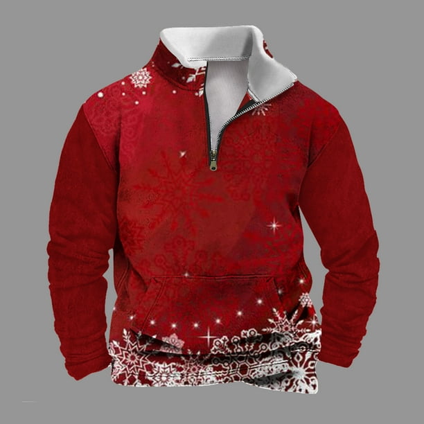 Sudadera sin capucha para hombre, informal, a la moda, con cuello alto, estampado navideño, cremallera, jersey de manga larga, blusa de poliéster para hombre