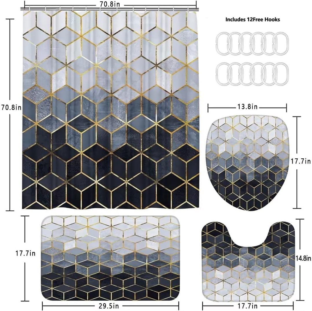 4Pcs Brown Gradient Shower Curtain Set, Modern Geometric Shower Curtain Set Golden Cubic Lines Bathroom Set Texture Art Bath Accessories with Mats