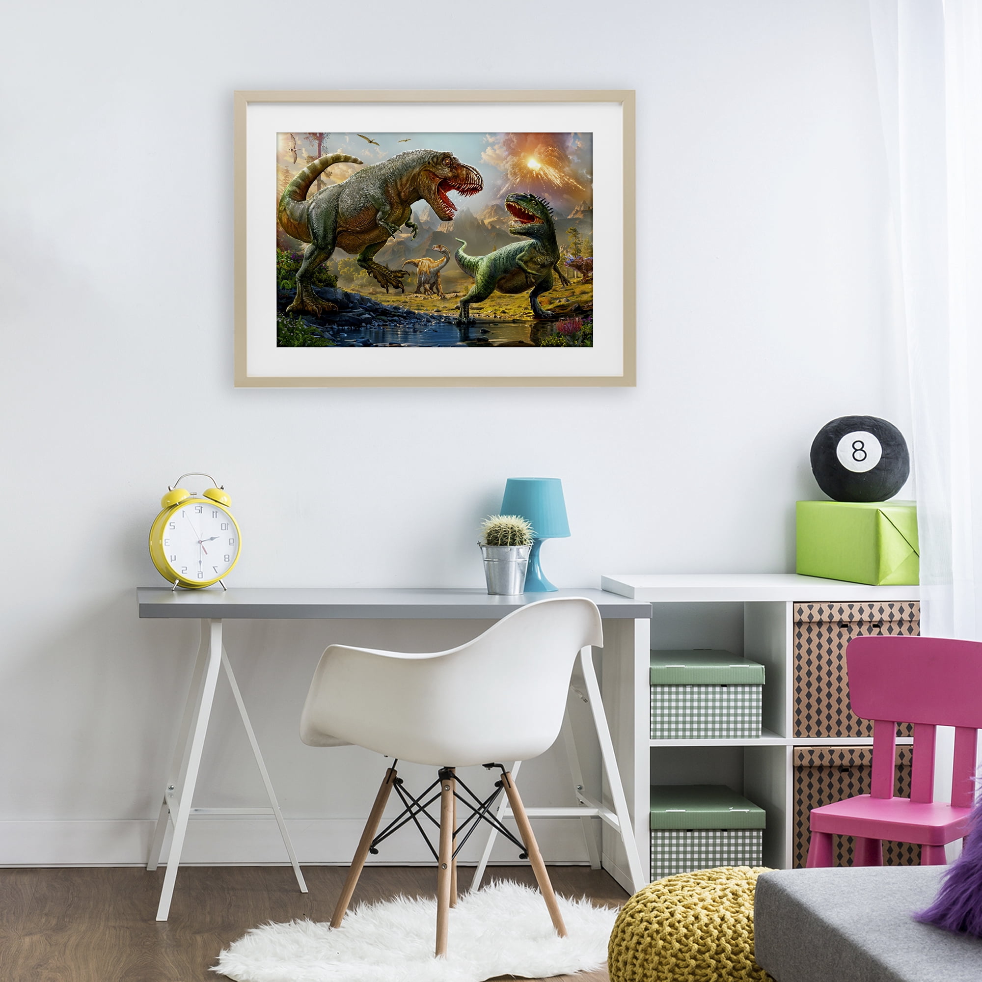 Stupell Industries T-Rex Encounter at Riverbank Birch Framed Print Under Glass, design by Henriette Chinaglia