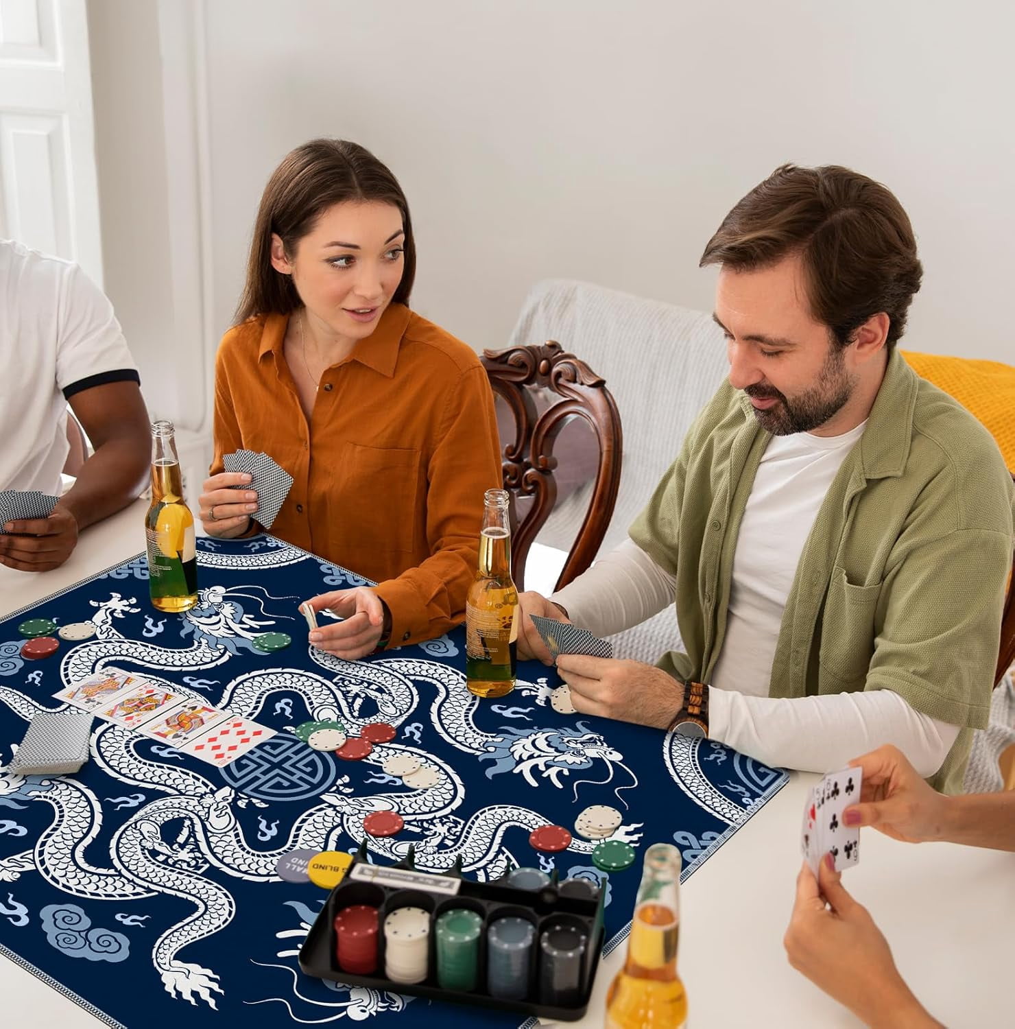 Blue Chinese Dragon Mahjong Mat 31.5" x 31.5", Vintage Oriental Chinoiserie Non-Slip Noise Reduction Mahjong Table Cover Accessories Supplies for Dominoes Poker Card Board and Tile Games Gifts