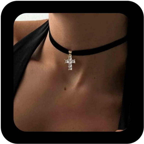 Gothic Black Velvet Cross Choker Necklace Rhinestone Cross Pendant Necklaces Velvet Suede Necklace Suede Collar Necklaces Jewelry for Women