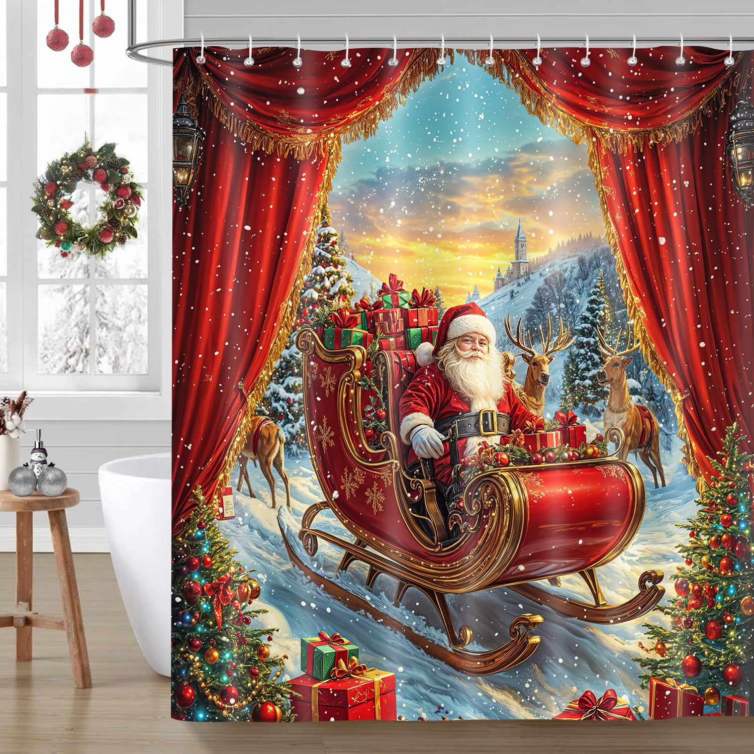 Christmas Shower Curtain, Funny Winter Santa Reindeer Xmas Trees Gift Red Bathroom Curtain, Farmhouse Snowflake Holiday Kids Girls Boys Bath Decor Shower Curtain Sets with Hooks, 72X72in