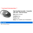 thumbnail image 2 of Right Headlight Assembly - Compatible with 1998 - 1999 Ford Taurus, 2 of 2
