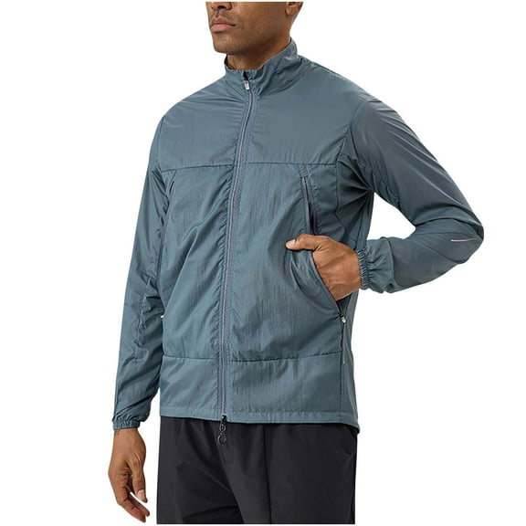 LpwkSSA Men's Solid Color Outdoor Waterproof Climb Sport Run Pocket Zipper Long Sleeved Hooded Jacket Nylon Spandex Breathable Loose Fit Blue S