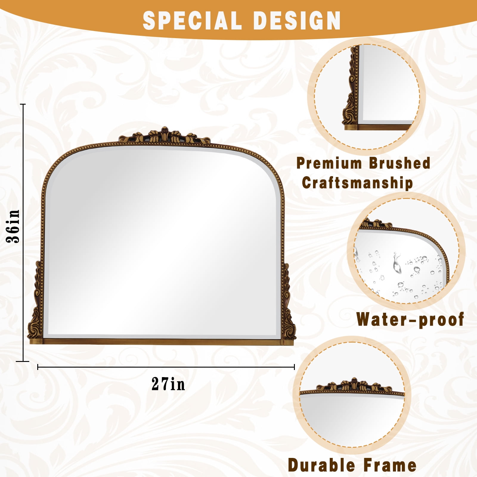 AUROMIR 36"x 27" Arched Vanity Mirror Decor Wall Mirror Vintage Mirror, Antique Gold