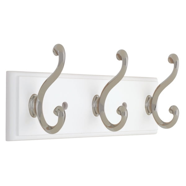 Liberty Hardware 10 in. Coat and Hook Rack with 3Scroll Hooks Flat White / Satin Nickel