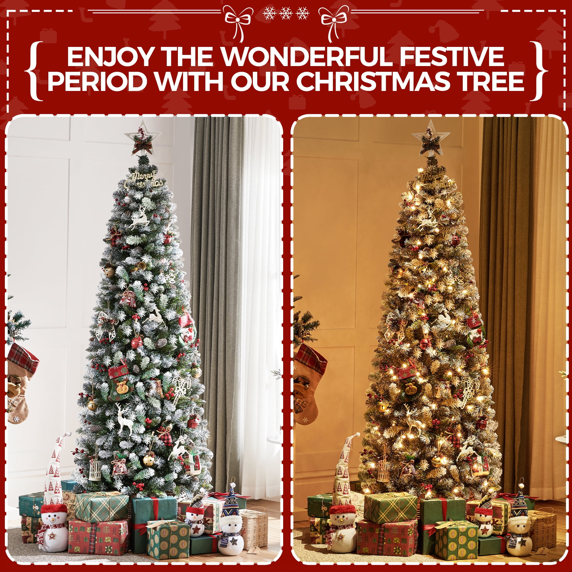 Alden Design 6FT Pre-Lit Pencil Christmas Tree with Pinecones and Red Berries, Snow-Dusted PVC Holiday Tree, Green