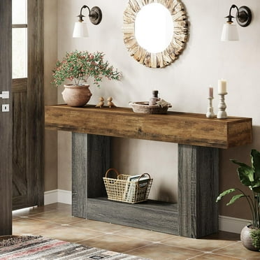 Tribesigns 63" Console Table, Farmhouse 2-Tier Entryway Table with U-Shaped Base, Narrow Wood Sofa Table for Living Room, Brown & Gray