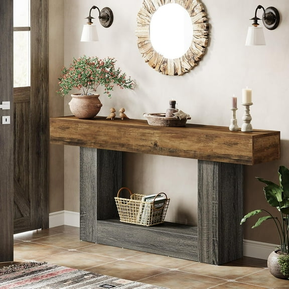 Tribesigns 63" Console Table, Farmhouse 2-Tier Entryway Table with U-Shaped Base, Narrow Wood Sofa Table for Living Room, Brown & Gray
