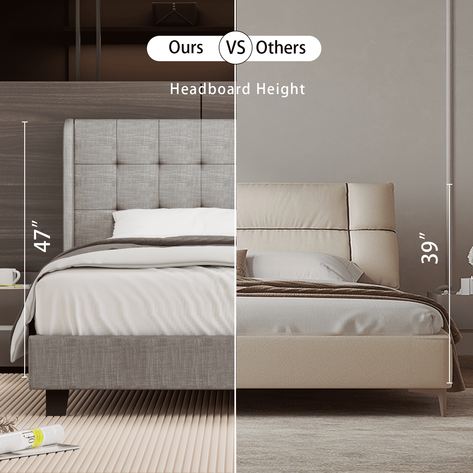 Nathaniel Home Cotton Linen Tufted Upholstered Bed, King Platform Bed Frame, Low Profile Platform Beds Strong Wooden Slats, Adult Gray