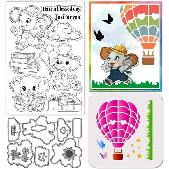 Cute Elephant Clear Silicone Stamp Metal Cartoon Animals Cutting Die Cuts Hot Air Balloon Blessing Paint Craft Stencils for Card Making Scrapbooking Craft DIY Embossing