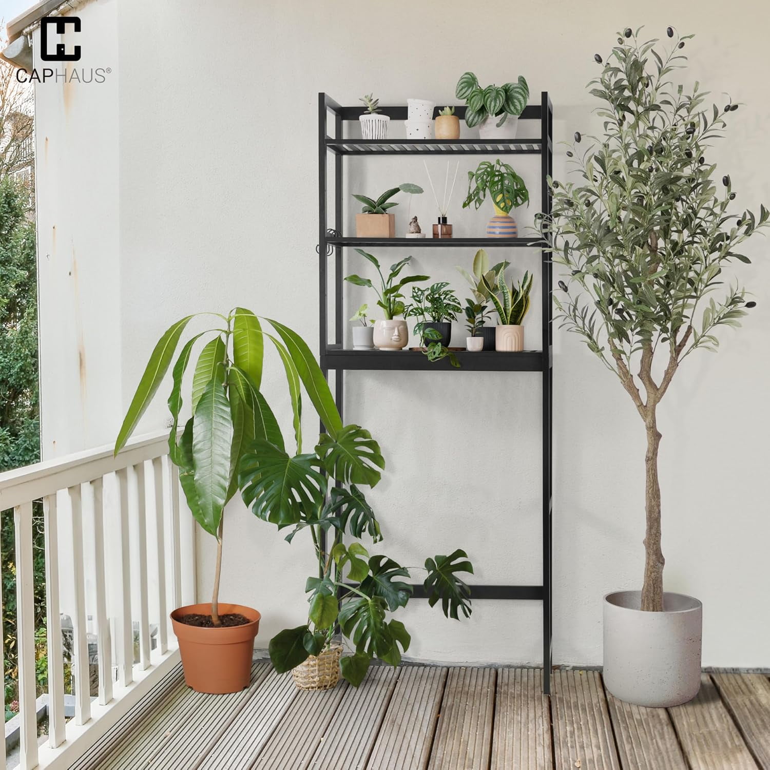 CAPHAUS Bamboo Over The Toilet Storage, Behind Toilet Bathroom Shelf Rack with Hooks & Adjustable Feet, 24-Inch Freestanding Toilet Shelf, Bathroom & Laundry Organizer, Balcony Plant Stand, Black