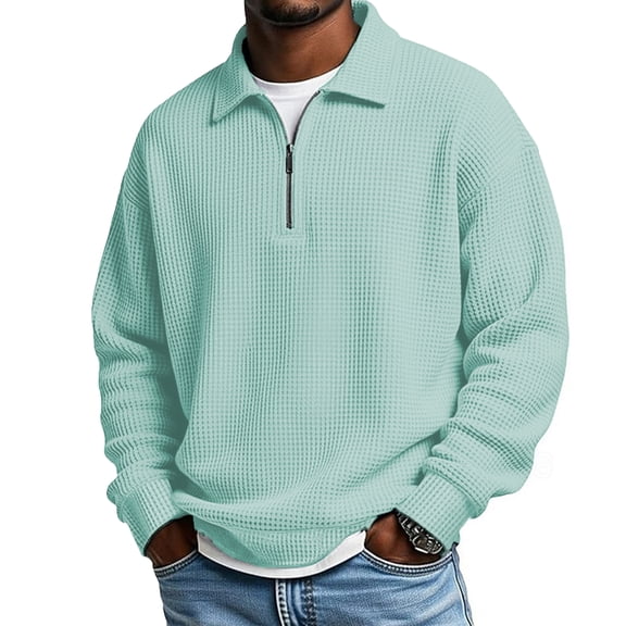 Fabrcox S-5XL Waffle Zip Polo Shirt Men Collared V Neck Mens Long Sleeve Shirt Big and Tall Sports Workout Mens Athletic Shirt Green S