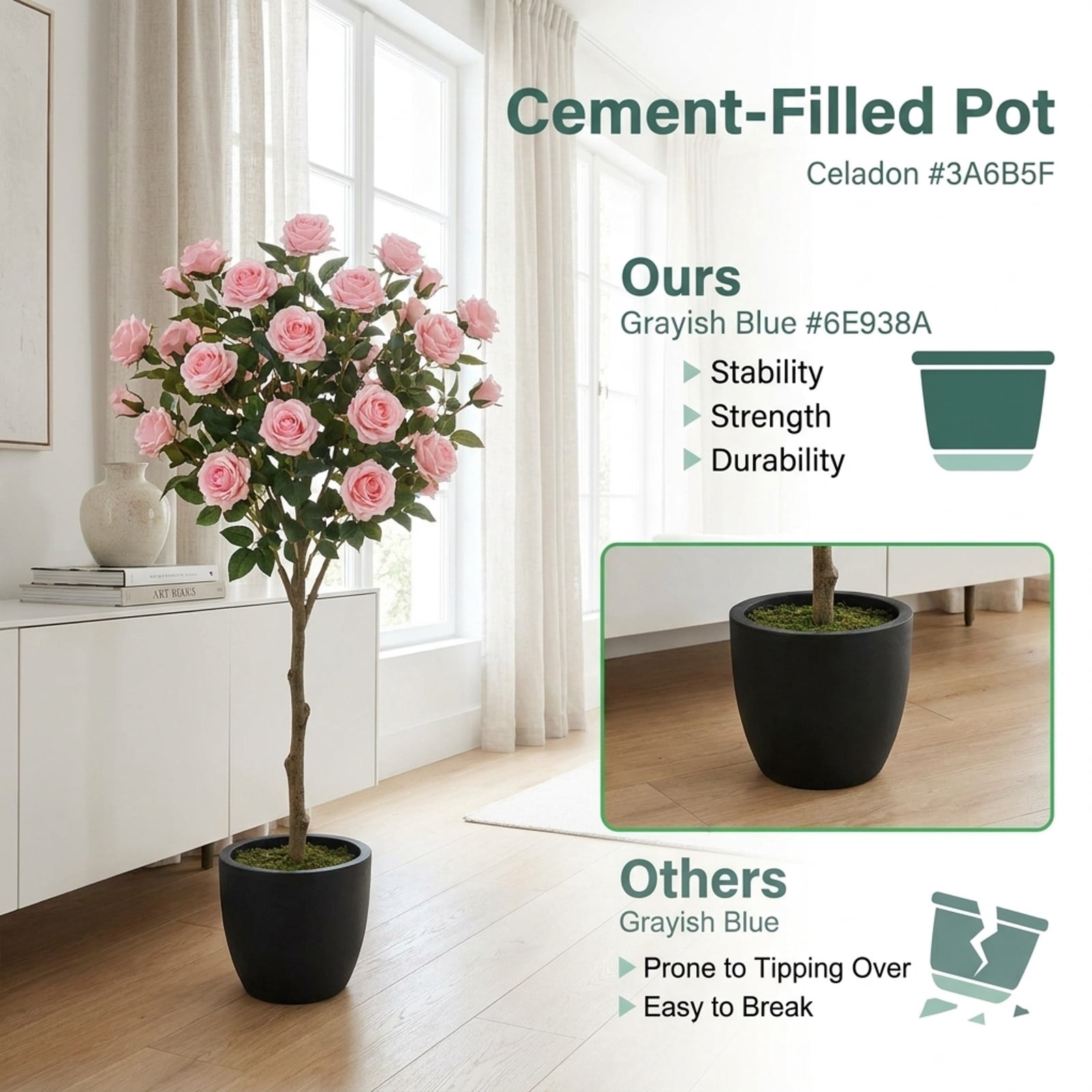 Vebreda Artificial Plant Decor, Set of 2 Artificial Rose Tree with Blooming Flowers and Green Leaves for Indoor, Beautiful & Lifelike Rose Tree