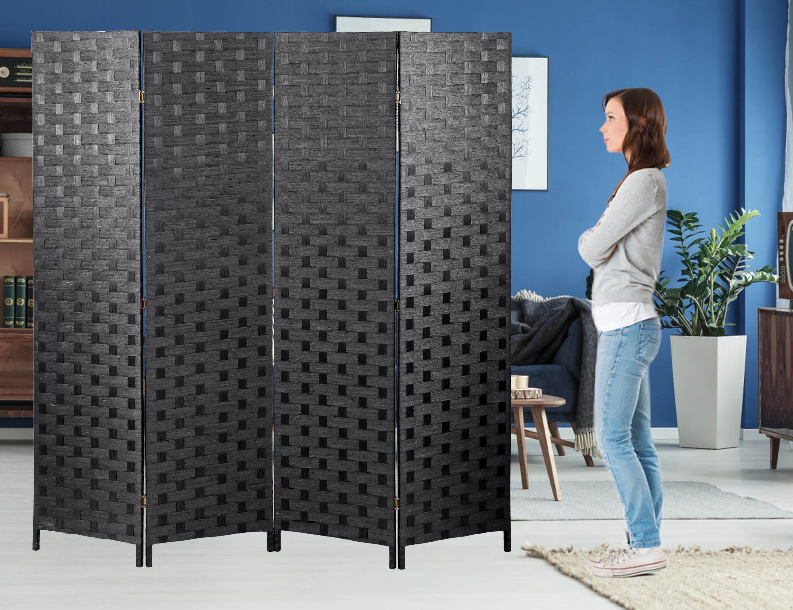 CL.HPAHKL 4 Panels Room Divider and Folding Privacy Screen, 6 ft Tall Wood Mesh Hand-Woven Design Wall Divider, Partition Room Dividers for Home Office Restaurant Bedroom