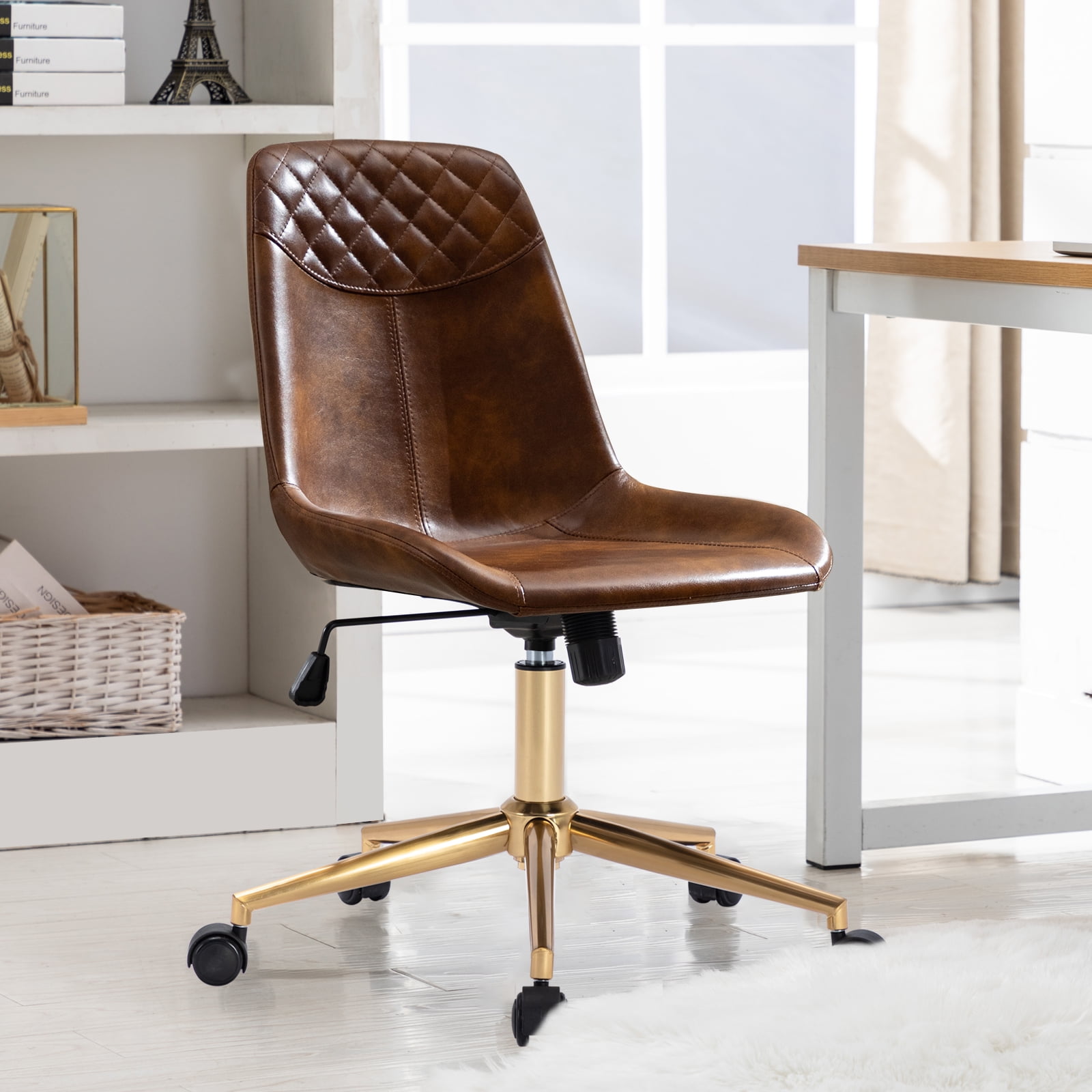Duhome Office Desk Chair Faux Leather Swivel Computer Chair Adjustable Task Chair with Gold Legs, Yellowish Brown