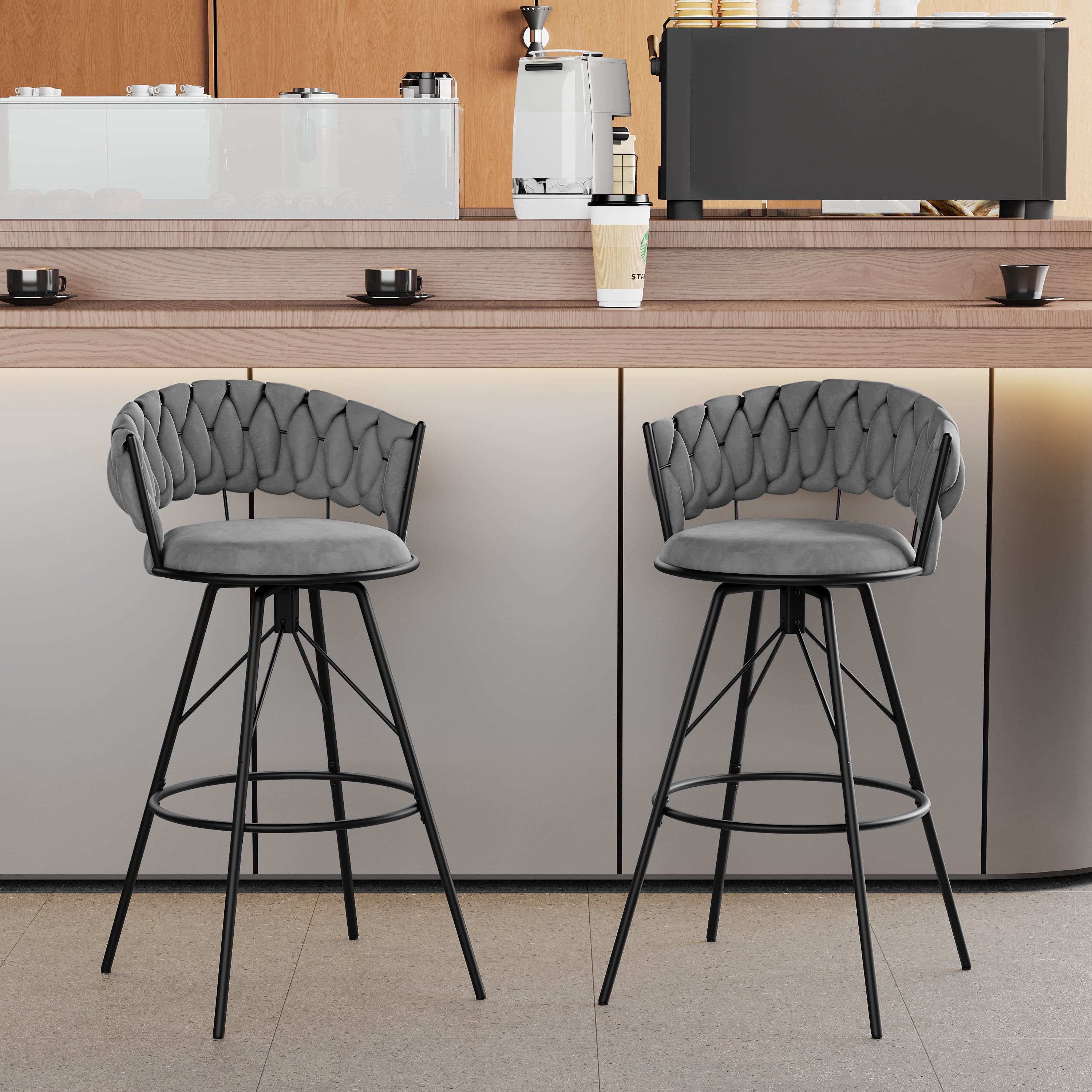 Andeworld 30'' Counter Height Barstools set of 2, Modern Velvet Bar Stools with Woven Back, Metal Frame, Round Footrest, Gray