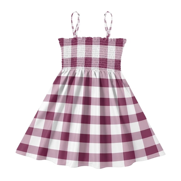 DALAWU Lightweight Maroon Gingham Pattern Smocked Sundress Adjustable Strap Flowy A-Line Summer Dress