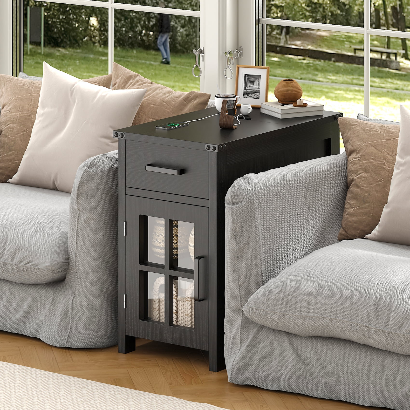 Winkalon Farmhouse End Table with Charging Station, Sofa Side Table with Drawer and Storage Cabinet, Small Nightstand for for Living Room, Bedroom