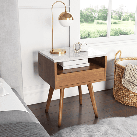 25&#34; Solid Wood &#38; Faux Marble Side Table Nightstand with Storage Drawer - Nathan James