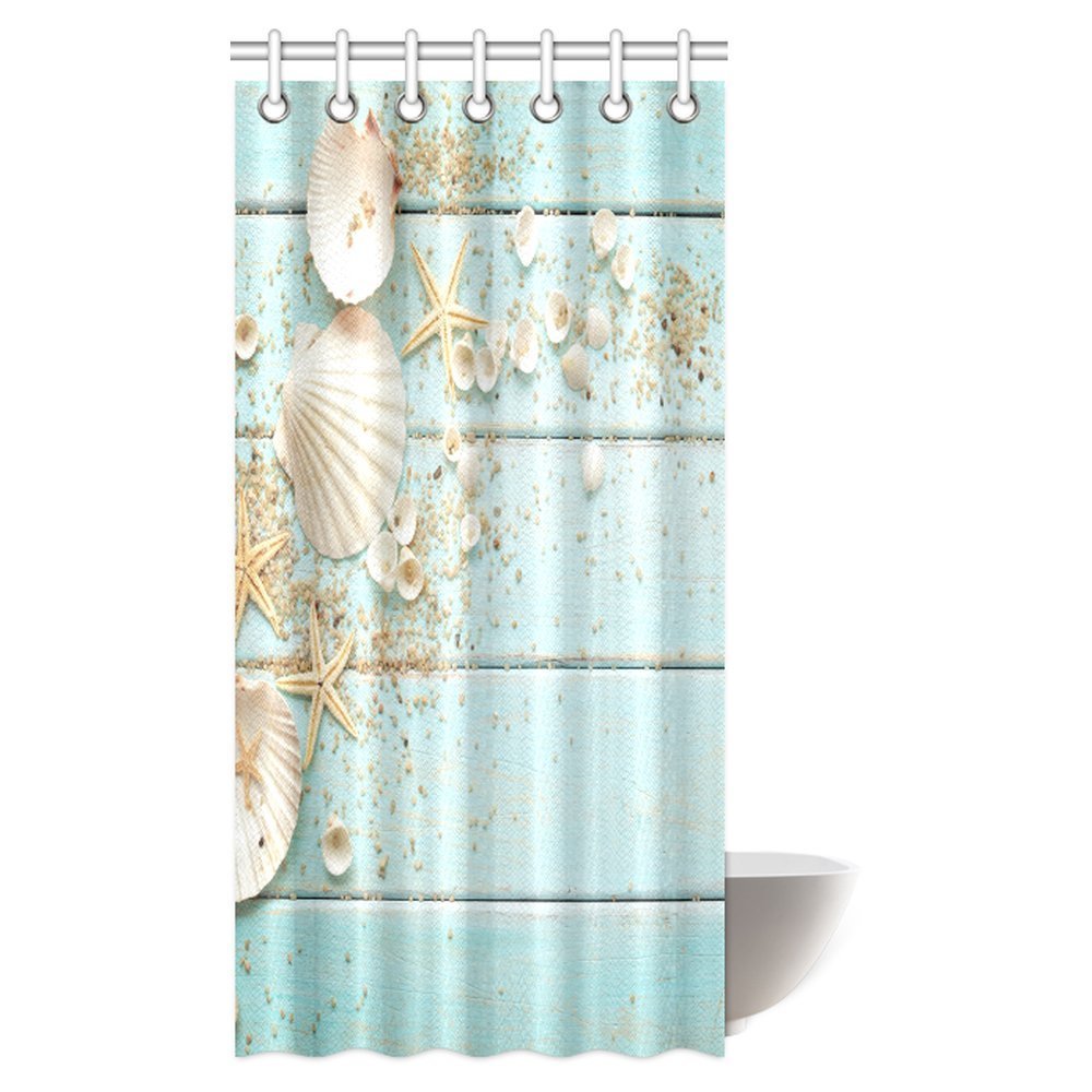 MYPOP Seashells Decor Shower Curtain, Seashells And Starfish With Sand