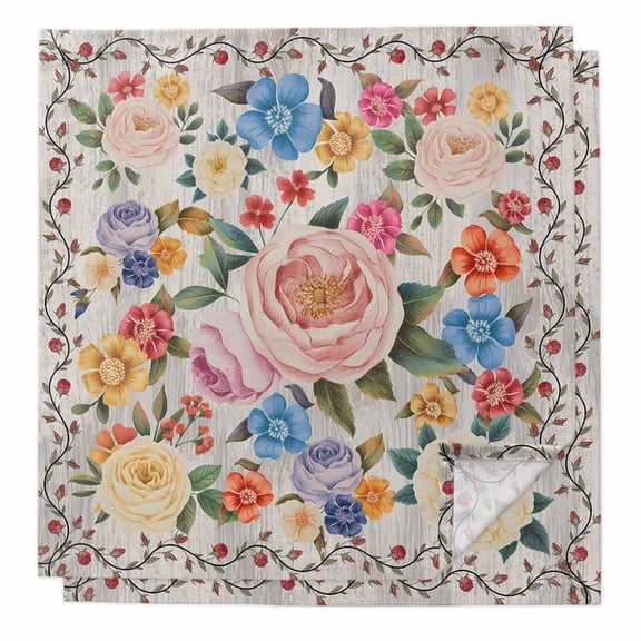 Boho Pink Flowers Cloth Napkins, Colorful Floral Spring Vintage Botanical Washable and Reusable Dinner Napkins Set of 2, Table Napkin for Kitchen Party Birthday Wedding Hotel Housewarming 20"x20"
