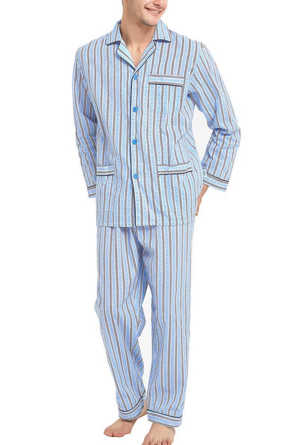 GLOBAL Mens Pajamas Set 100% Cotton Woven Drawstring Sleepwear Set with Top and Pants/Bottoms 