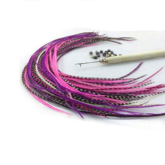 Sexy Sparkles Real Rooster Feathers Hair Extensions Easy to Install and Remove, Long Pink & Purple mix With Beads and Loop Tool Kit - 20 Feathers