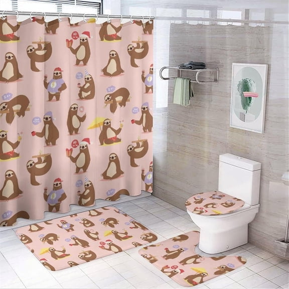 Sloths Pattern 4Pcs Shower Curtain Set Washable Bathroom Sets with Toilet Lid Cover and Non-Slip Rug Bath Accessories Decor