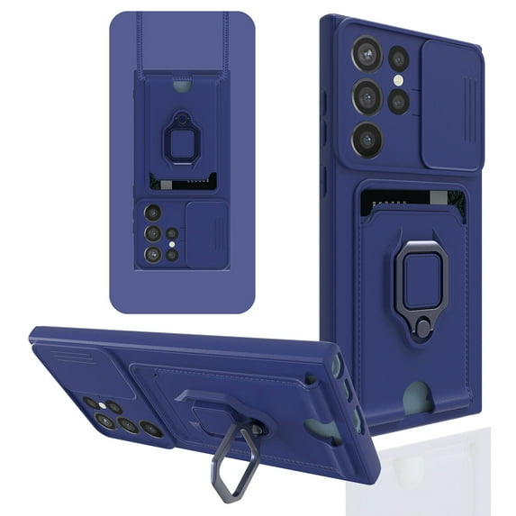 For Samsung Galaxy S23 Heavy Duty Case,Camera Lens Sliding Silicone Protective Case with Card Holder Stand Rotated Ring Magnetic Car Mount Soft Lining Case