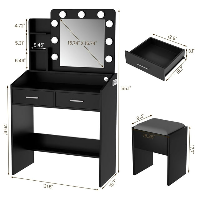 GloryStar Vanity Desk with Mirror and LED Lights, Makeup Vanity Desk with Power Outlet and Cushioned Stool, Dressing Table with 2 Drawers & 3 Lighting Modes Adjustable Brightness for Bedroom