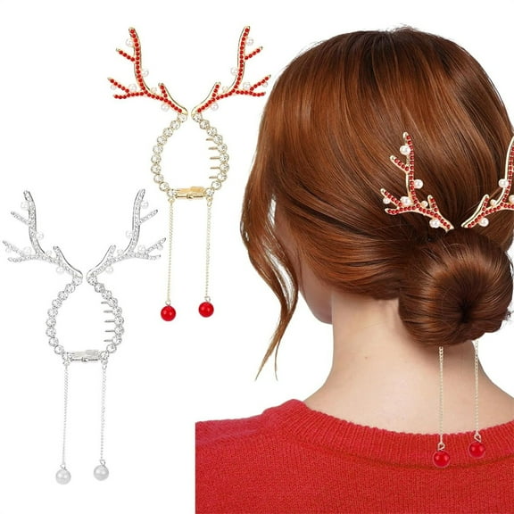 2Pcs Antler Ponytail Bun Holder,Christmas Reindeer Hair Accessories,Rhinestone Pearl Hair Claw Clips,Shiny Metal Fixing Clip,Girls Hairpin with Tassel Pendant,for Xmas Birthday Party