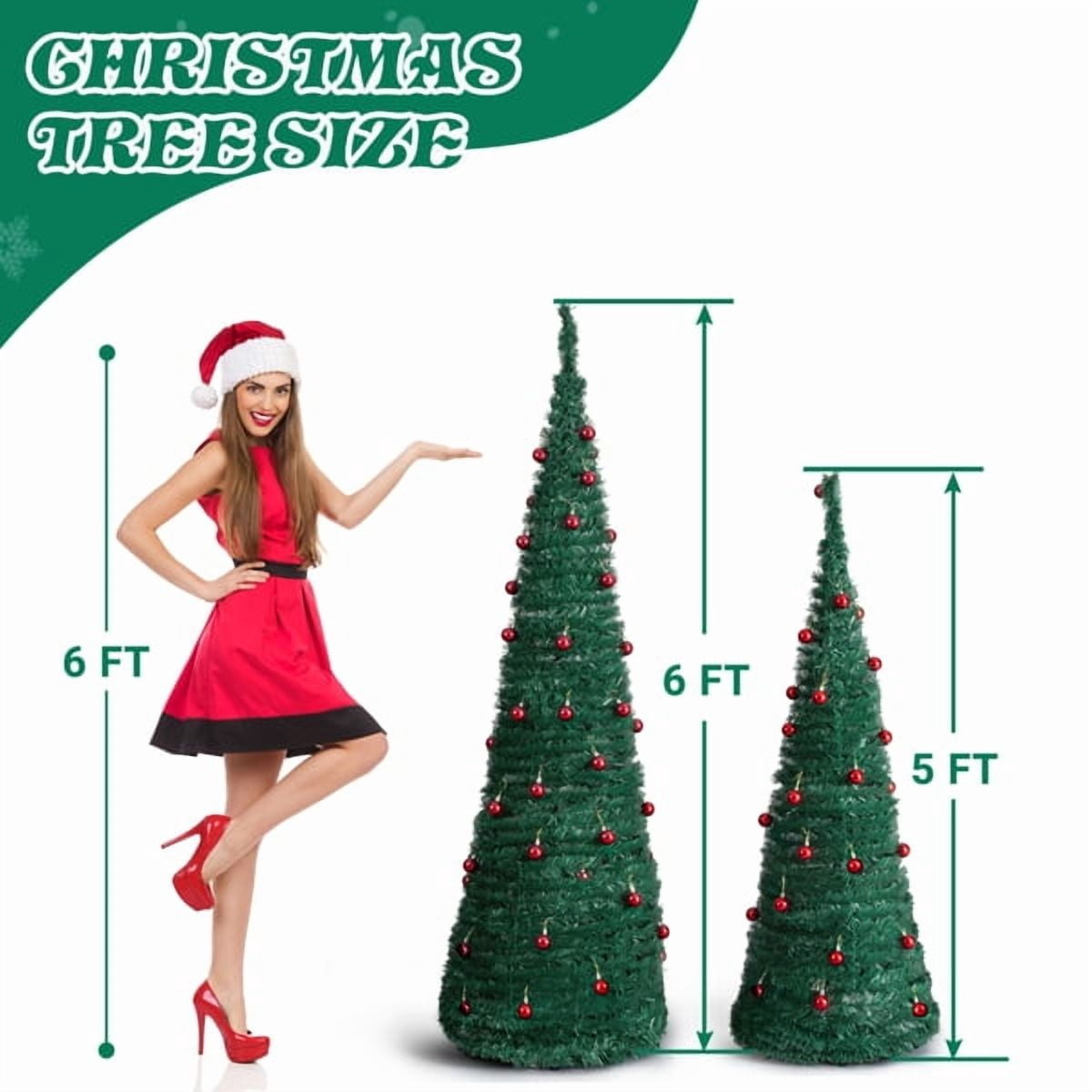 Alvantor 2-Pack Pop-Up Artificial Christmas Trees, 5 ft and 6 ft, Red Ball Ornaments, Green