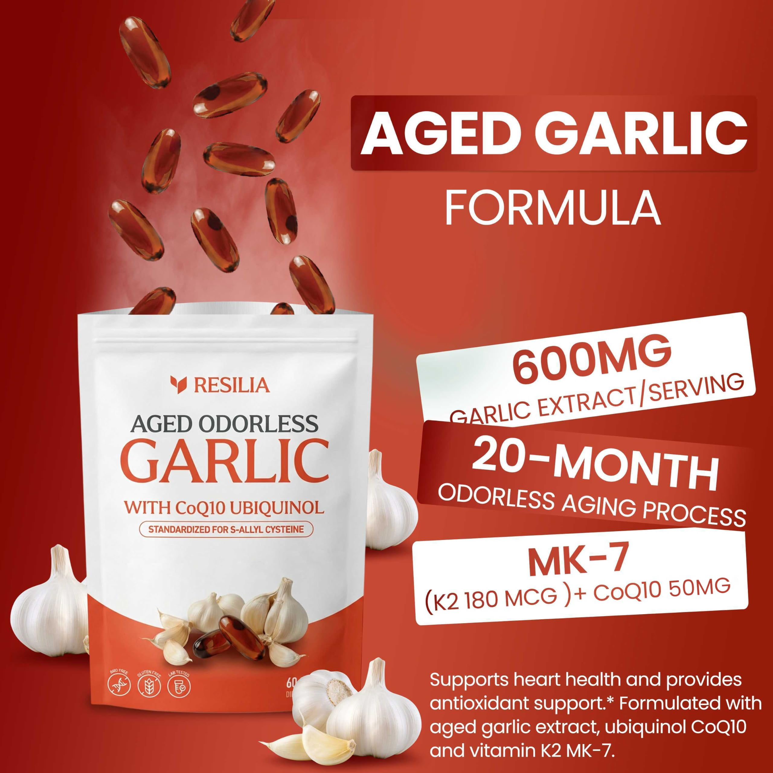 Resilia Odorless Aged Garlic Extract Softgels 600mg with CoQ10 Ubiquinol & Vitamin K2 MK-7, 60 Softgels