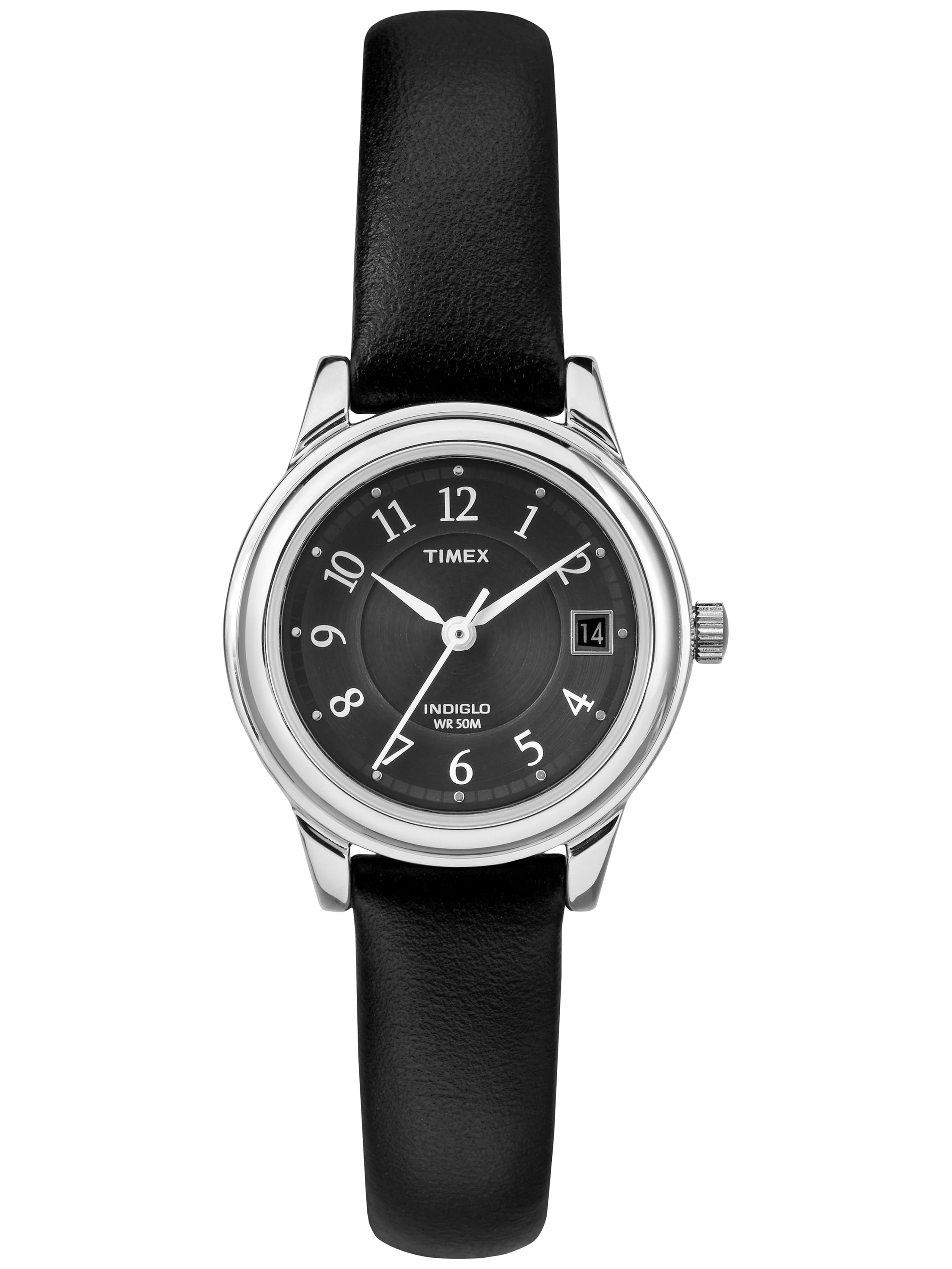 Timex Women's Porter Street 26mm Watch  Silver-Tone Case Black Dial with Black Leather Strap