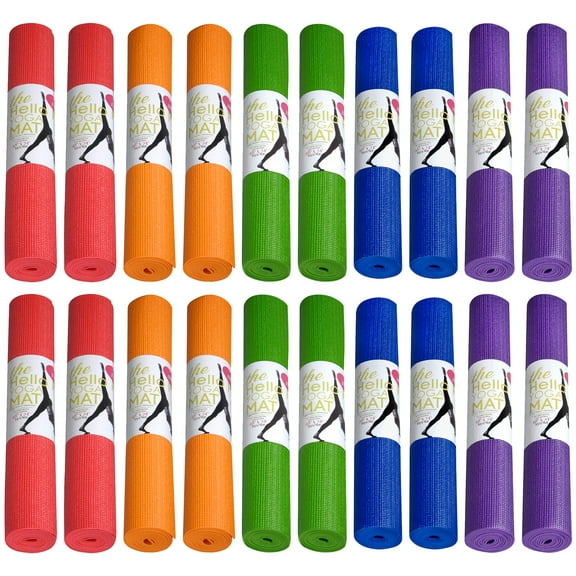 Hello Fit Yoga Mats, Bulk 20 Pack, 68x24x1/8 inches, Affordable Exercise Gym Mats with Non-Slip Texture, Easy to Clean, Assorted